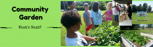 A picture of children in a garden with the words community garden what's next?